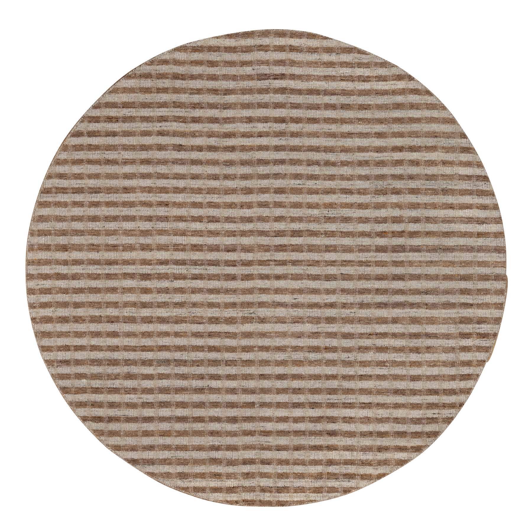 Tan and Chocolate Brown, Horizontal Stripes Design with Salt and Pepper Effect, Hand Loomed, Undyed Natural Wool, Round, Oriental Rug